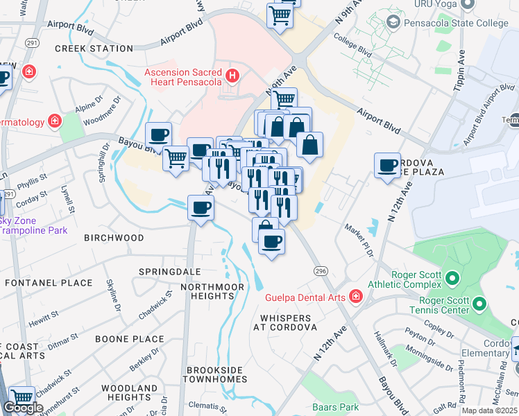 map of restaurants, bars, coffee shops, grocery stores, and more near 5055 Bayou Boulevard in Pensacola