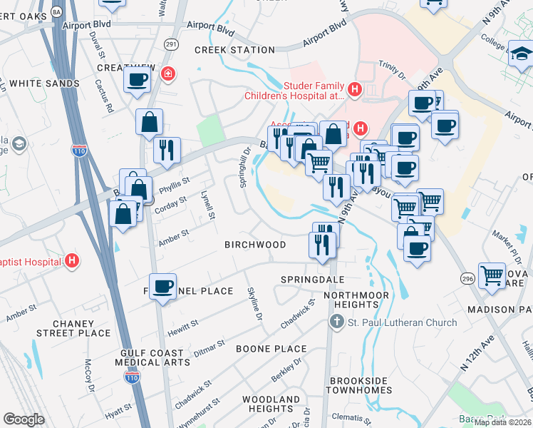 map of restaurants, bars, coffee shops, grocery stores, and more near 4976 Springhill Drive in Pensacola