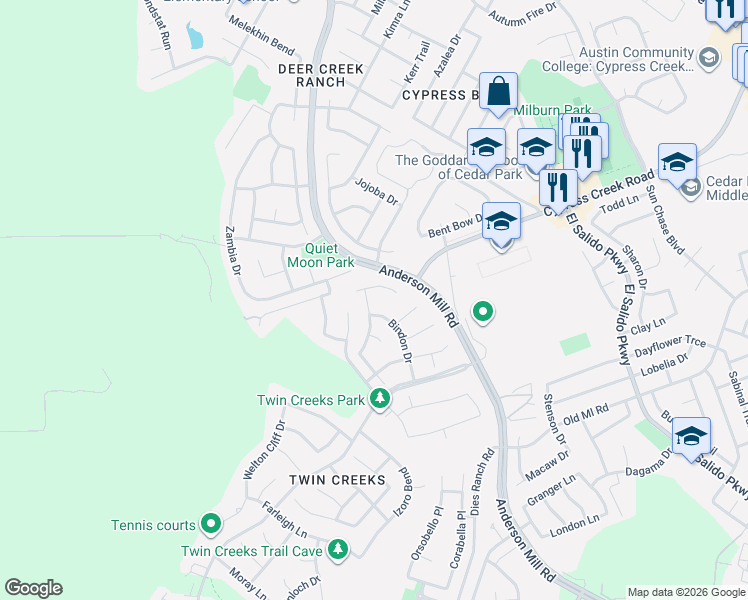 map of restaurants, bars, coffee shops, grocery stores, and more near 2101 Bindon Drive in Cedar Park