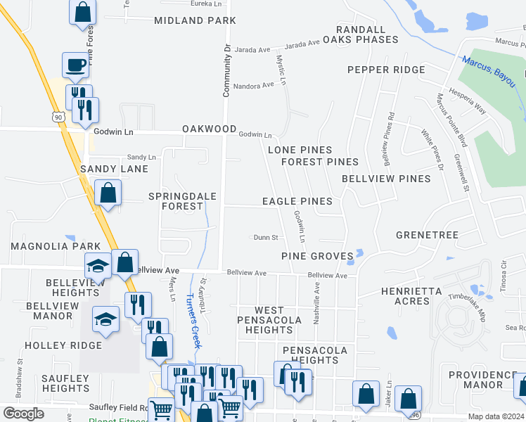 map of restaurants, bars, coffee shops, grocery stores, and more near 2817 Indiana Avenue in Pensacola