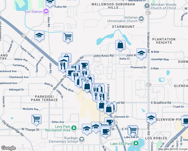 map of restaurants, bars, coffee shops, grocery stores, and more near 312 North Dellview Drive in Tallahassee