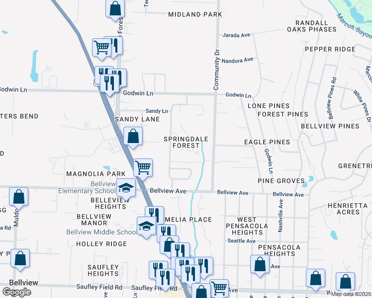 map of restaurants, bars, coffee shops, grocery stores, and more near 1545 Galvin Avenue in Pensacola