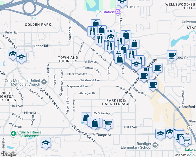 map of restaurants, bars, coffee shops, grocery stores, and more near 820 Chestwood Avenue in Tallahassee
