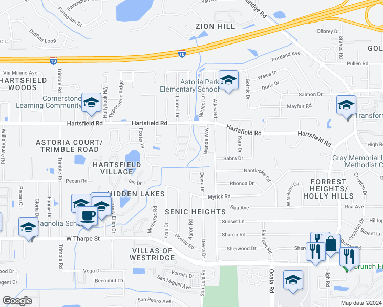 map of restaurants, bars, coffee shops, grocery stores, and more near 2297 Hartsfield Way in Tallahassee