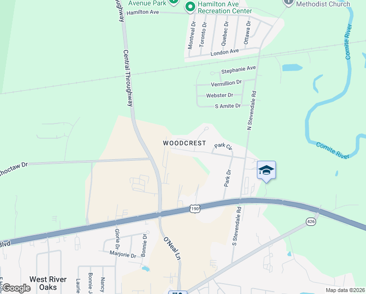 map of restaurants, bars, coffee shops, grocery stores, and more near 16334 Mockingbird Lane in Baton Rouge