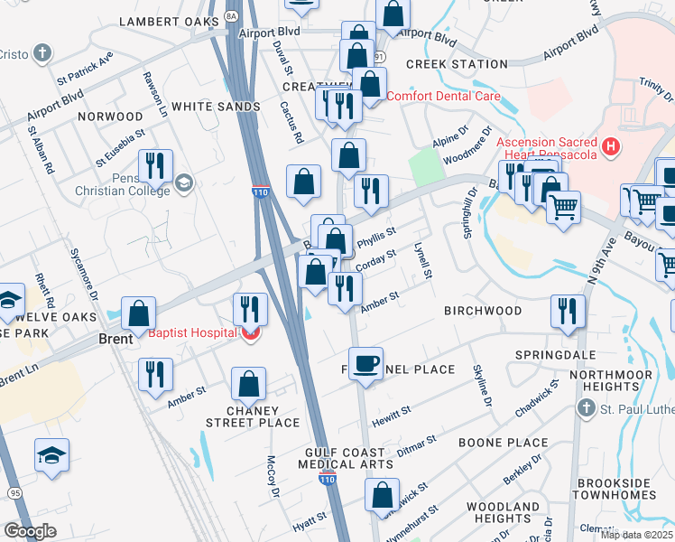 map of restaurants, bars, coffee shops, grocery stores, and more near 5101 North Davis Highway in Pensacola