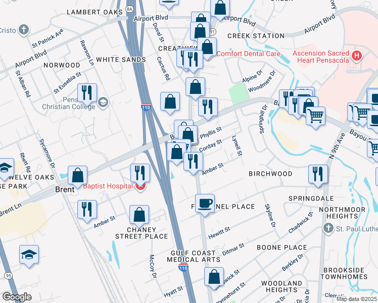 map of restaurants, bars, coffee shops, grocery stores, and more near 5101 North Davis Highway in Pensacola