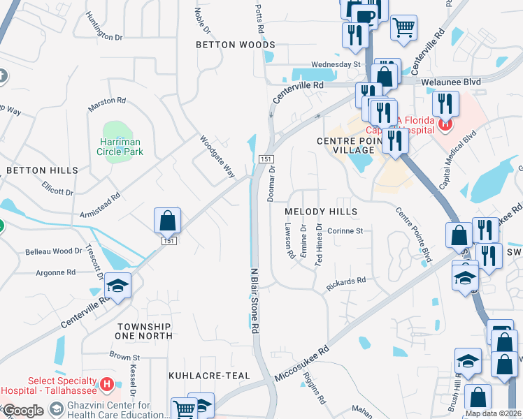 map of restaurants, bars, coffee shops, grocery stores, and more near 2027 Doomar Drive in Tallahassee