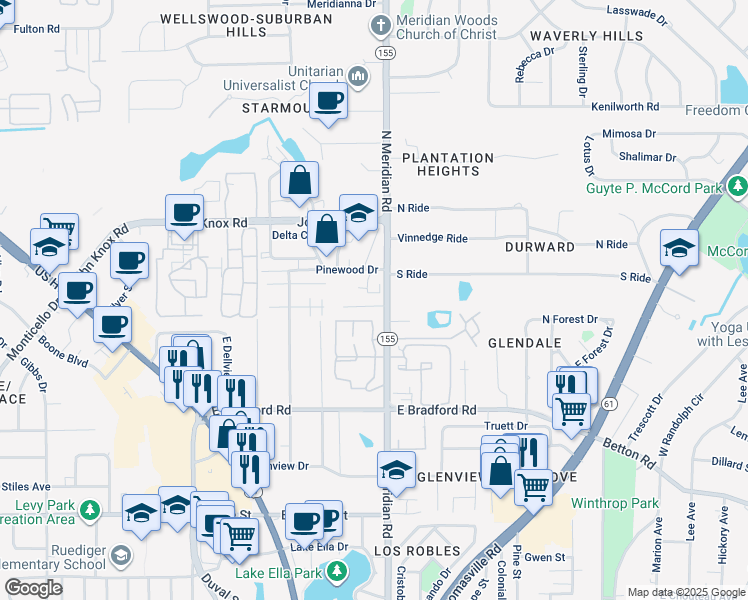 map of restaurants, bars, coffee shops, grocery stores, and more near 121 Locke Street in Tallahassee
