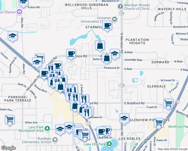 map of restaurants, bars, coffee shops, grocery stores, and more near 255 South Villas Court in Tallahassee
