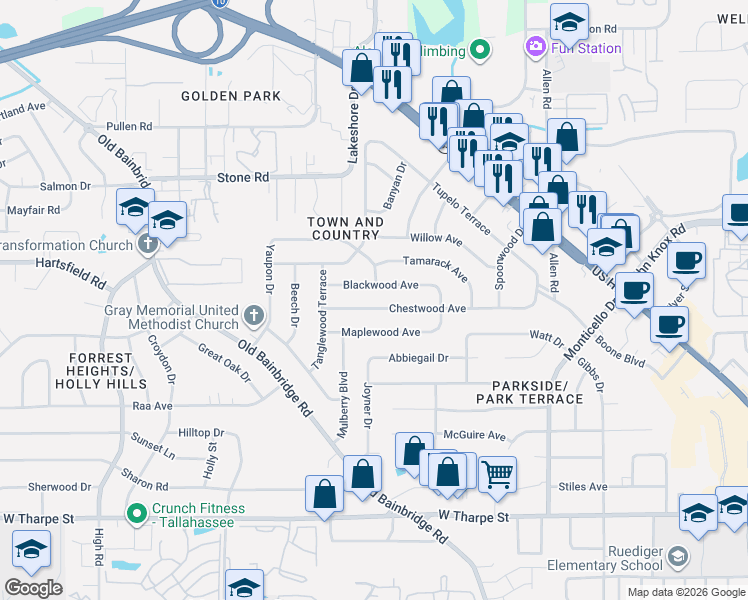 map of restaurants, bars, coffee shops, grocery stores, and more near 917 Chestwood Avenue in Tallahassee