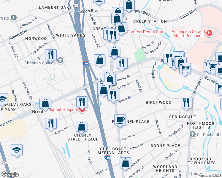map of restaurants, bars, coffee shops, grocery stores, and more near 5000-5096 Highway 291 in Pensacola