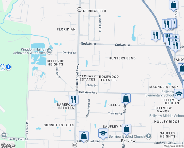 map of restaurants, bars, coffee shops, grocery stores, and more near 5512 Lovaleen Circle in Pensacola