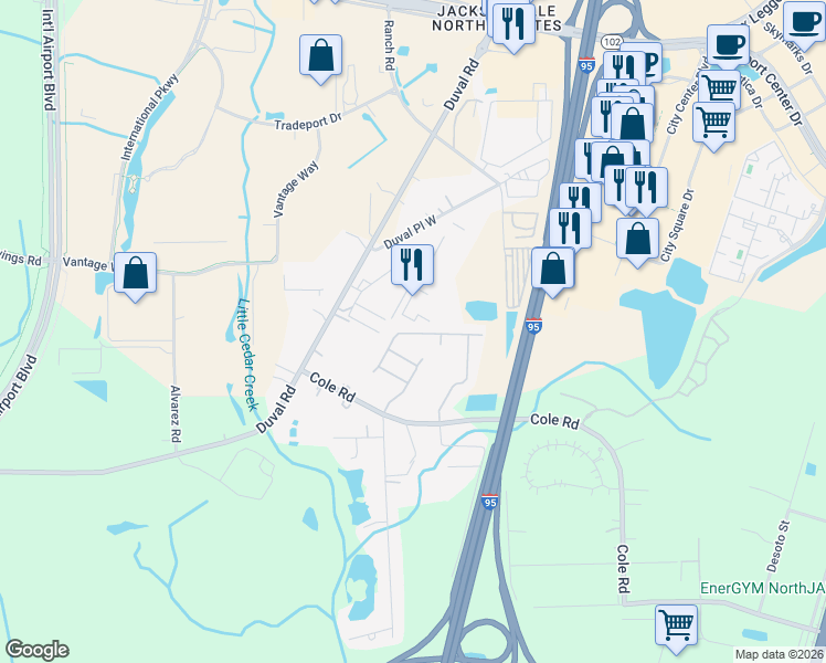 map of restaurants, bars, coffee shops, grocery stores, and more near 1329 Grassland Avenue in Jacksonville