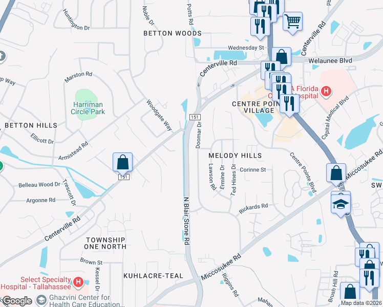 map of restaurants, bars, coffee shops, grocery stores, and more near 2027 Doomar Drive in Tallahassee