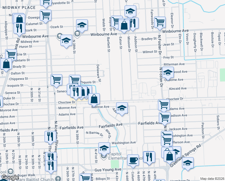 map of restaurants, bars, coffee shops, grocery stores, and more near 4215 Choctaw Drive in Baton Rouge