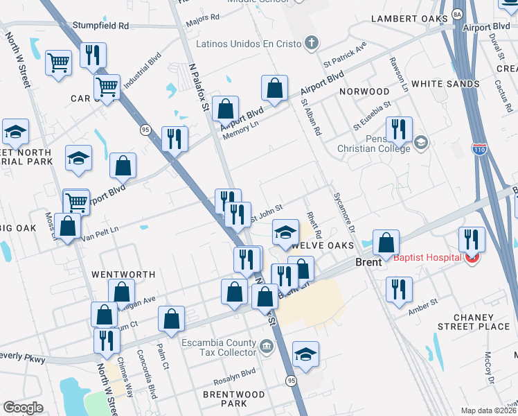 map of restaurants, bars, coffee shops, grocery stores, and more near 1-117 Saint John Street in Pensacola