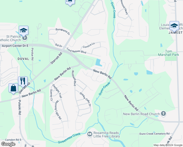 map of restaurants, bars, coffee shops, grocery stores, and more near 12718 Dunns View Drive in Jacksonville