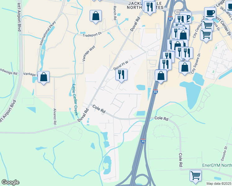map of restaurants, bars, coffee shops, grocery stores, and more near 1329 Grassland Avenue in Jacksonville