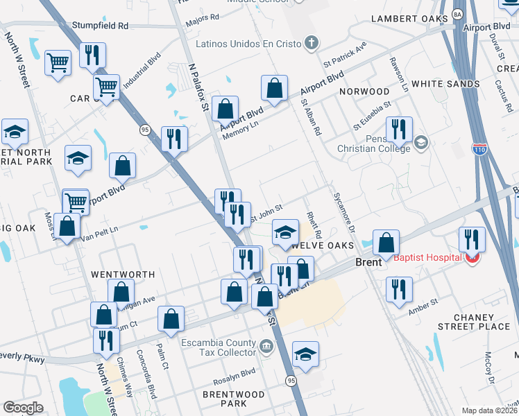 map of restaurants, bars, coffee shops, grocery stores, and more near 1-117 Saint John Street in Pensacola