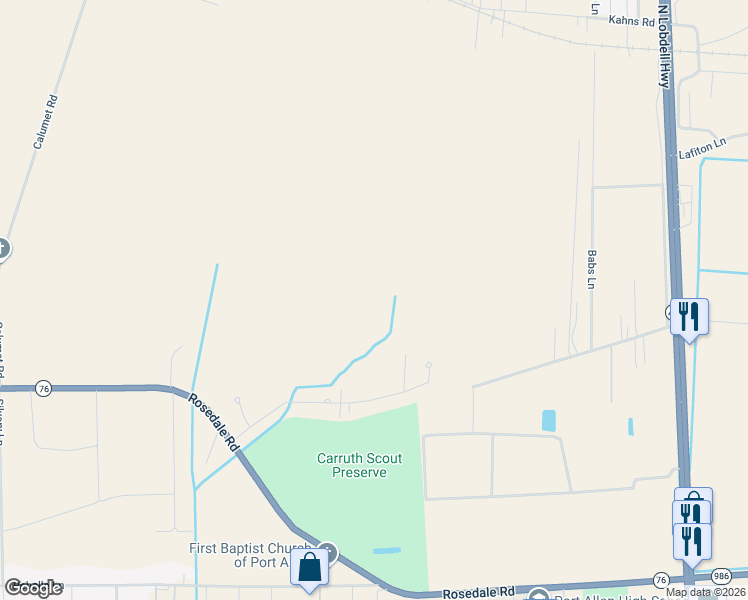 map of restaurants, bars, coffee shops, grocery stores, and more near 143 Rosebud Drive in Port Allen
