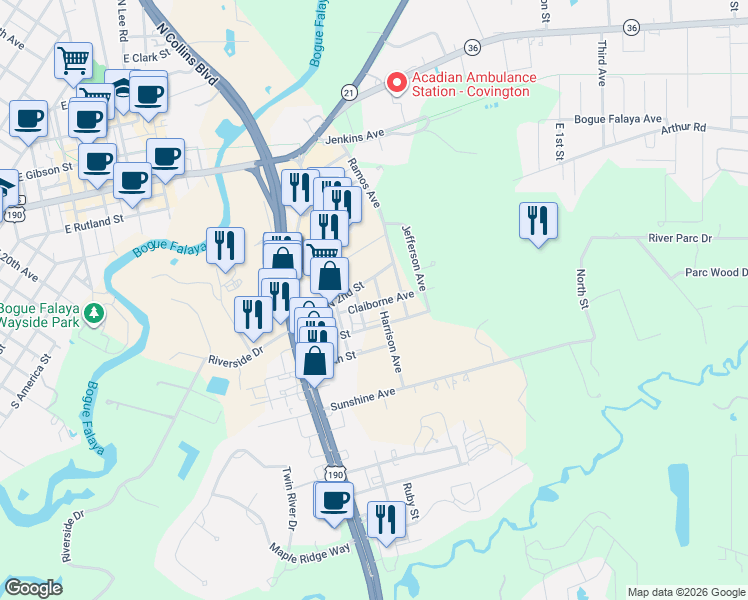 map of restaurants, bars, coffee shops, grocery stores, and more near 71470 Ruby Street in Covington