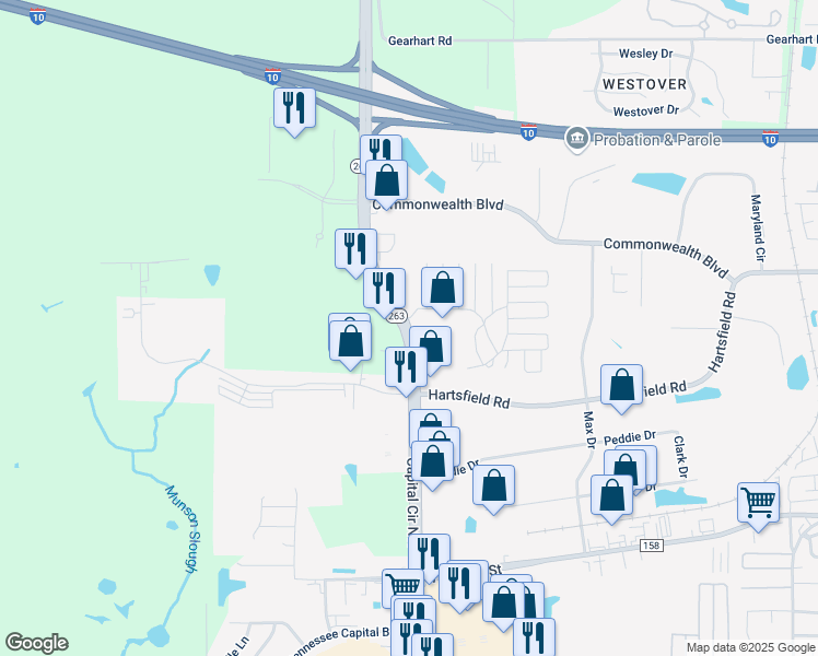 map of restaurants, bars, coffee shops, grocery stores, and more near 1593 Capital Circle Northwest in Tallahassee