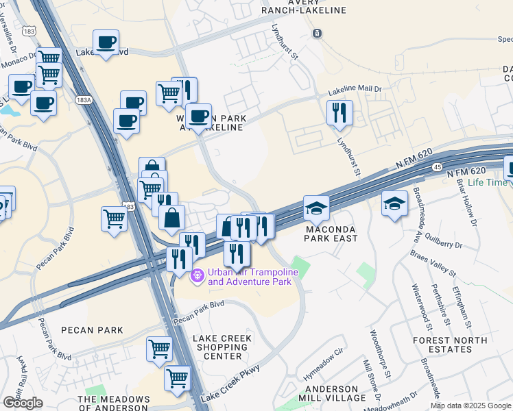 map of restaurants, bars, coffee shops, grocery stores, and more near 10109 North Lake Creek Parkway in Austin