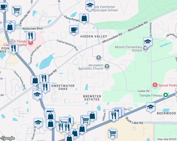 map of restaurants, bars, coffee shops, grocery stores, and more near 1631 Osprey Pointe Drive in Tallahassee