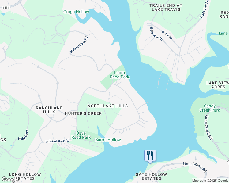 map of restaurants, bars, coffee shops, grocery stores, and more near 17511 Northlake Hills Drive in Jonestown