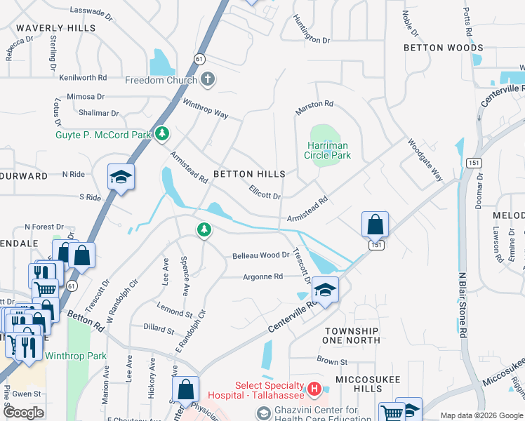 map of restaurants, bars, coffee shops, grocery stores, and more near 2229 Ellicott Drive in Tallahassee