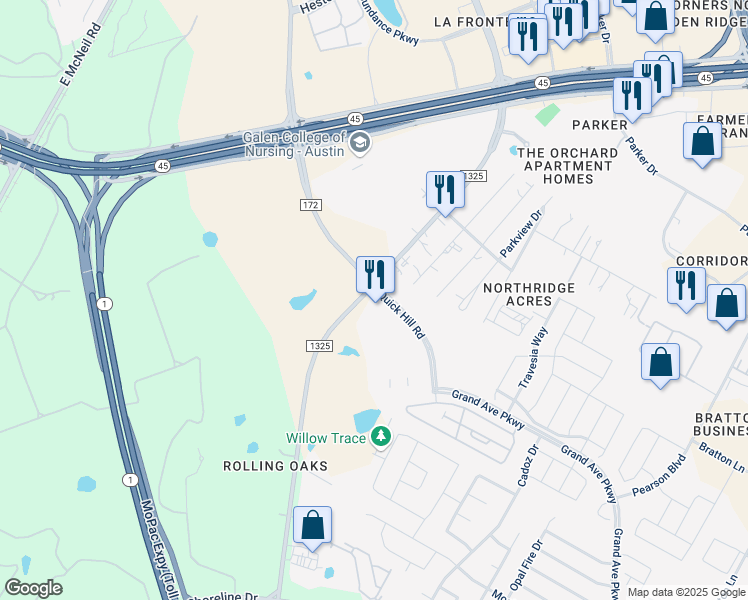 map of restaurants, bars, coffee shops, grocery stores, and more near 16009 Farm to Market Road 1325 in Austin