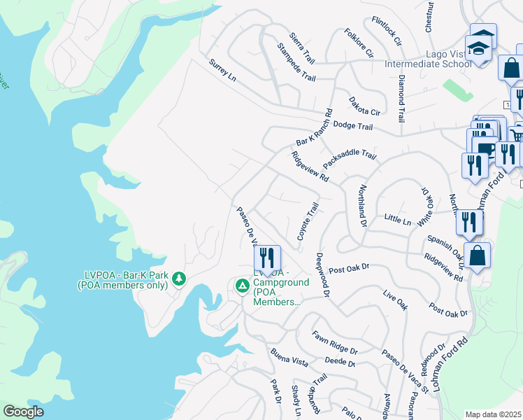 map of restaurants, bars, coffee shops, grocery stores, and more near 7204 Crossbow Trail in Lago Vista
