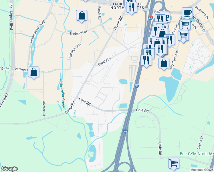 map of restaurants, bars, coffee shops, grocery stores, and more near 14476 Duval Place West in Jacksonville