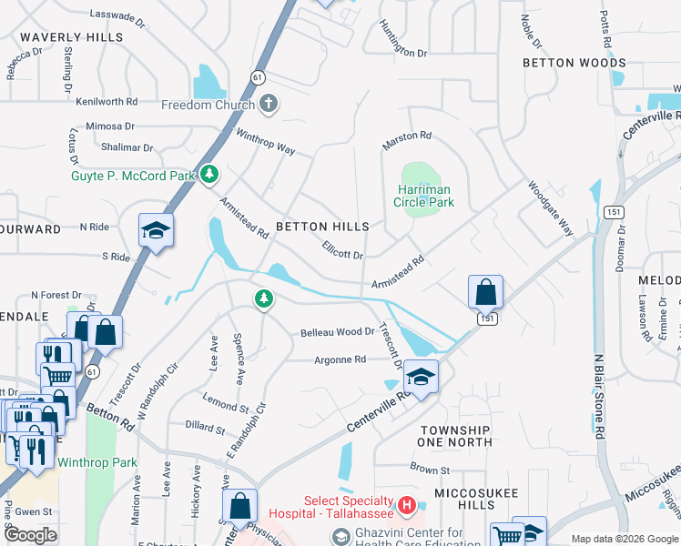 map of restaurants, bars, coffee shops, grocery stores, and more near 2229 Ellicott Drive in Tallahassee
