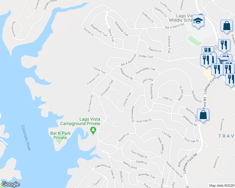 map of restaurants, bars, coffee shops, grocery stores, and more near 21316 Choctaw Cove in Lago Vista