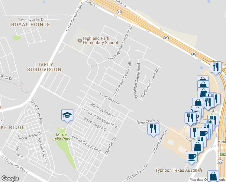 map of restaurants, bars, coffee shops, grocery stores, and more near 916 Windsor Castle Drive in Pflugerville