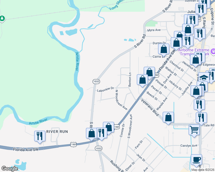 map of restaurants, bars, coffee shops, grocery stores, and more near 969 South River Road in Denham Springs
