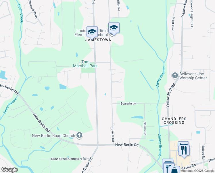 map of restaurants, bars, coffee shops, grocery stores, and more near 13019 Lanier Road in Jacksonville