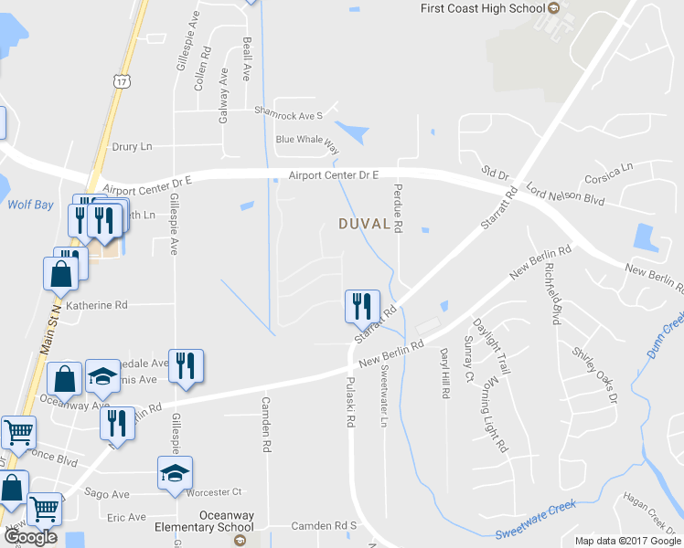 map of restaurants, bars, coffee shops, grocery stores, and more near 489-2 Starratt Ap in Jacksonville