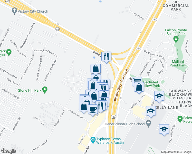 map of restaurants, bars, coffee shops, grocery stores, and more near 19000 Limestone Commercial Drive in Pflugerville