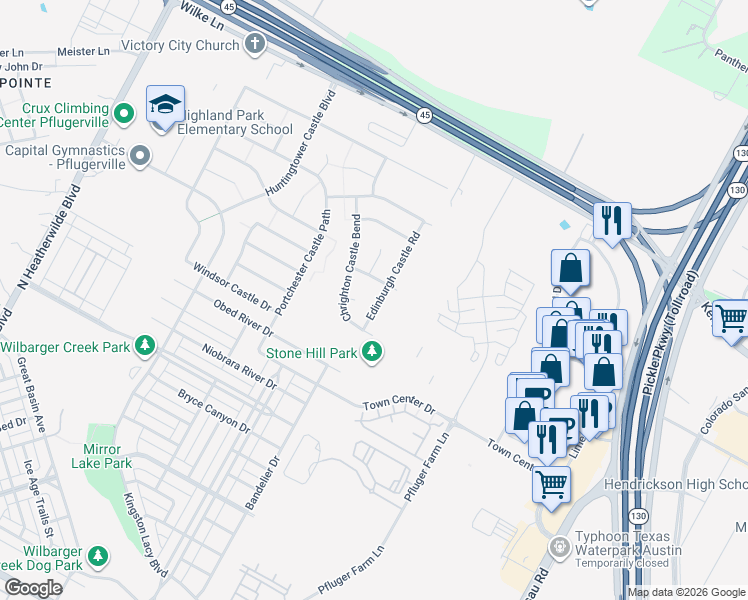 map of restaurants, bars, coffee shops, grocery stores, and more near 18900 Edinburgh Castle Road in Pflugerville