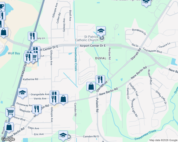 map of restaurants, bars, coffee shops, grocery stores, and more near 489 Starratt Road in Jacksonville