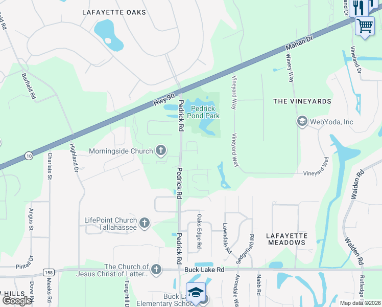 map of restaurants, bars, coffee shops, grocery stores, and more near 1645 Pedrick Road in Tallahassee