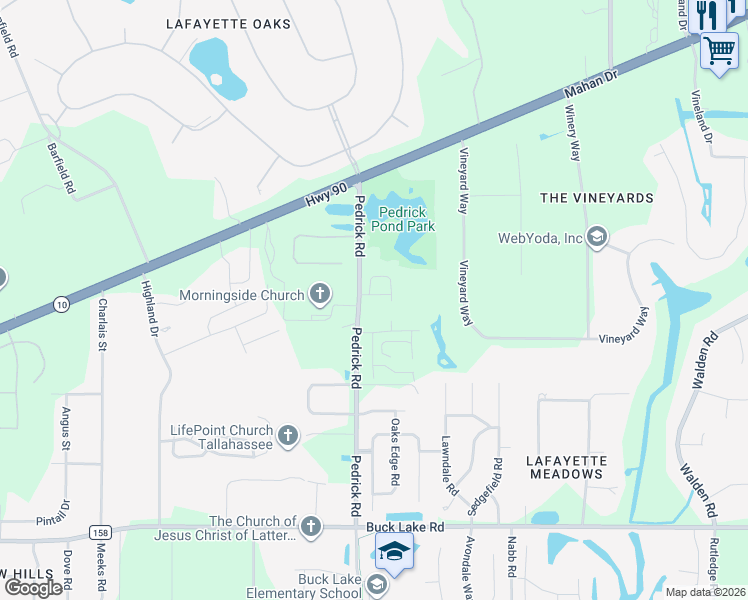 map of restaurants, bars, coffee shops, grocery stores, and more near 1645 Pedrick Road in Tallahassee