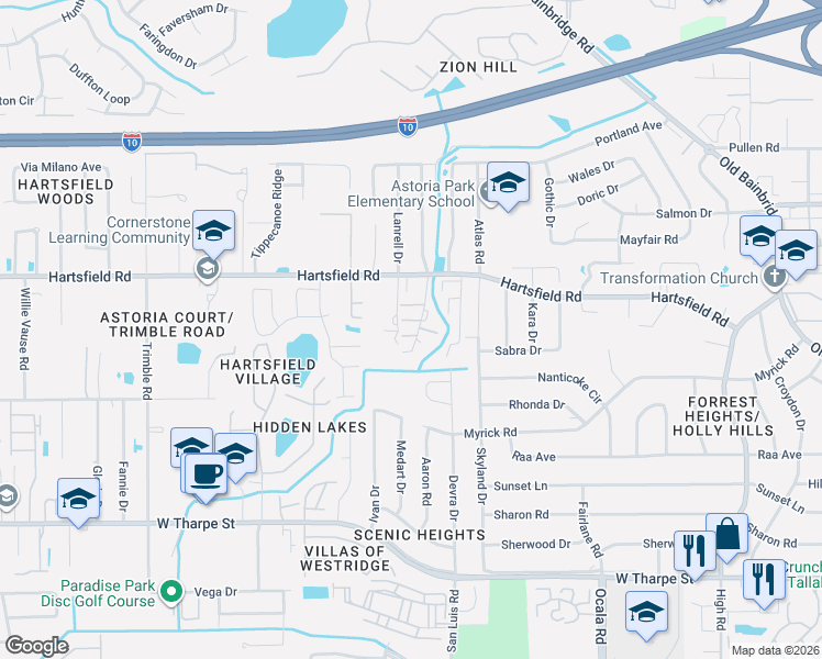 map of restaurants, bars, coffee shops, grocery stores, and more near 2348 Hartsfield Way in Tallahassee
