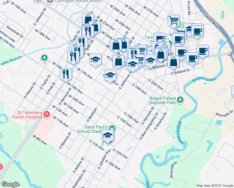 map of restaurants, bars, coffee shops, grocery stores, and more near 402 South Jefferson Avenue in Covington