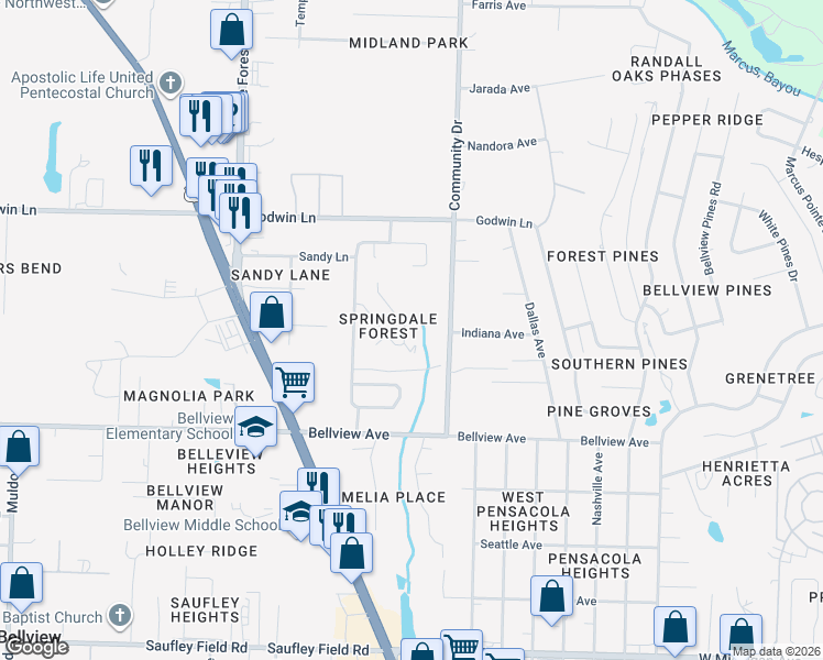 map of restaurants, bars, coffee shops, grocery stores, and more near 1577 Galvin Avenue in Pensacola