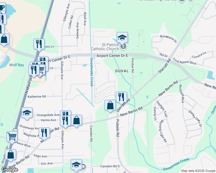 map of restaurants, bars, coffee shops, grocery stores, and more near 489 Starratt Road in Jacksonville