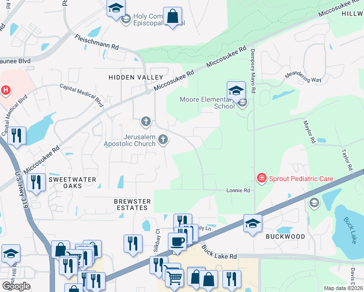 map of restaurants, bars, coffee shops, grocery stores, and more near 1614 Lonnie Road in Tallahassee
